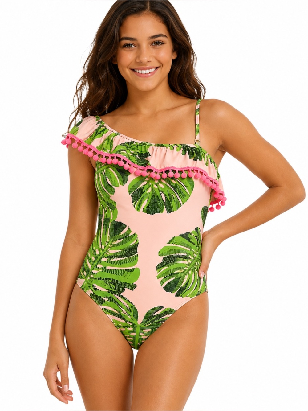 Shade Critters One Shoulder Tropical Palm Print Pom Pom Swimsuit Girls 12/14